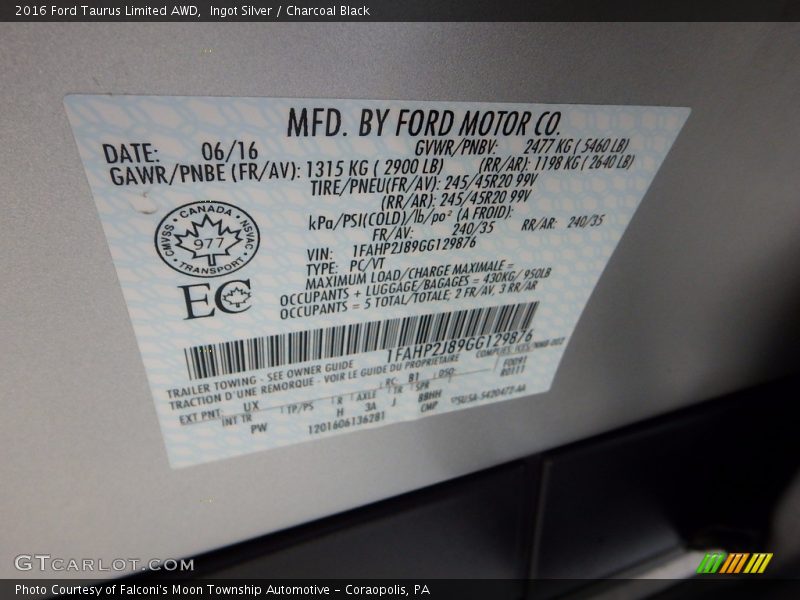 2016 Taurus Limited AWD Ingot Silver Color Code UX