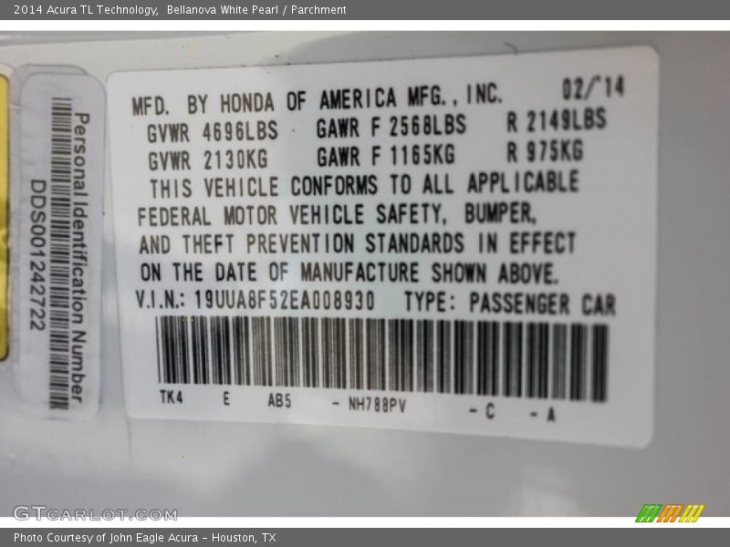 Bellanova White Pearl / Parchment 2014 Acura TL Technology