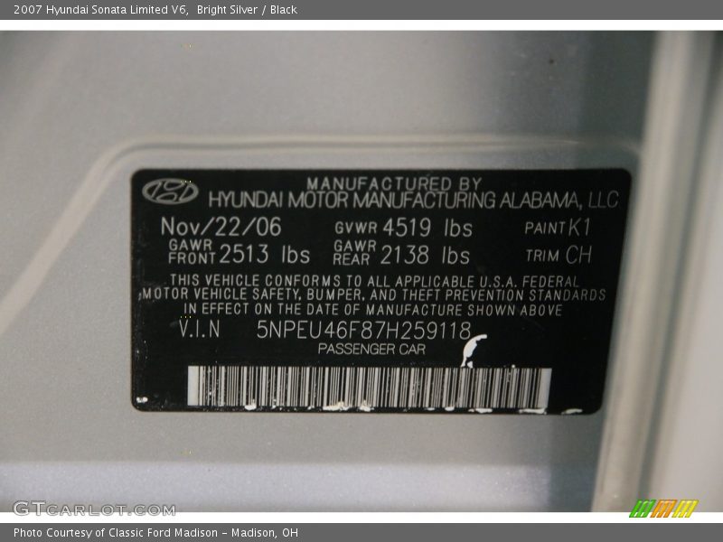 Bright Silver / Black 2007 Hyundai Sonata Limited V6