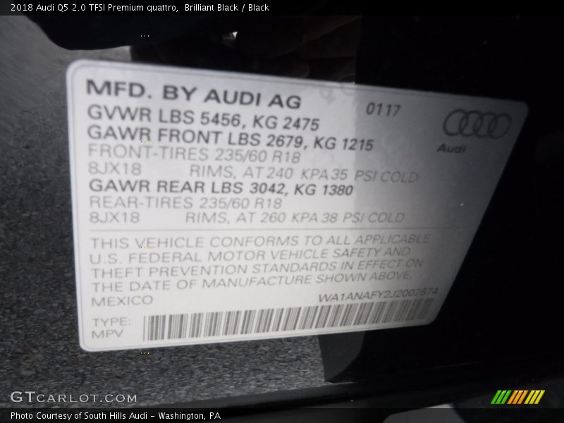 Brilliant Black / Black 2018 Audi Q5 2.0 TFSI Premium quattro