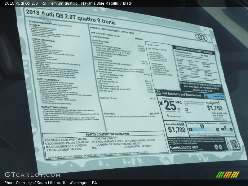  2018 Q5 2.0 TFSI Premium quattro Window Sticker