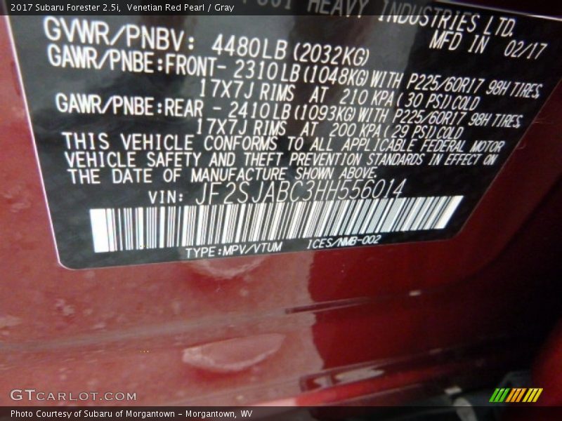 Venetian Red Pearl / Gray 2017 Subaru Forester 2.5i