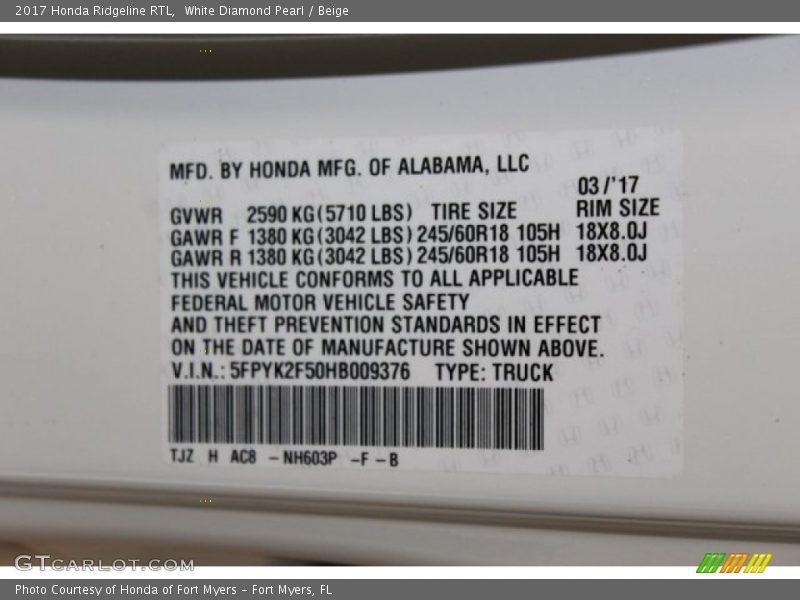 White Diamond Pearl / Beige 2017 Honda Ridgeline RTL