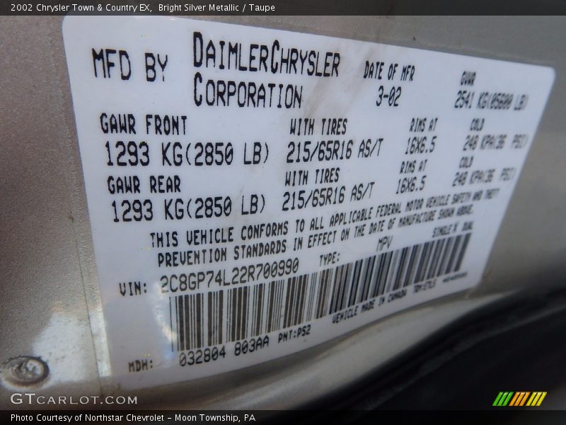 Bright Silver Metallic / Taupe 2002 Chrysler Town & Country EX