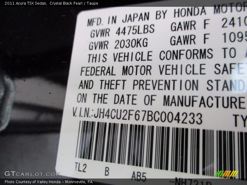Crystal Black Pearl / Taupe 2011 Acura TSX Sedan