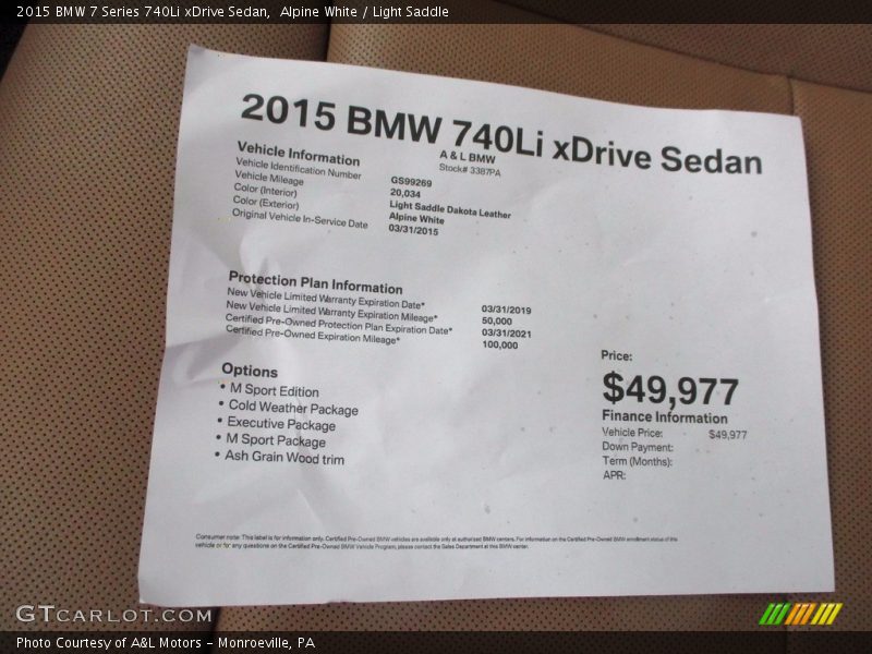 Alpine White / Light Saddle 2015 BMW 7 Series 740Li xDrive Sedan
