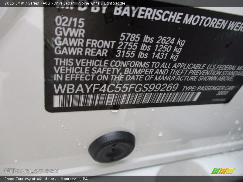 Alpine White / Light Saddle 2015 BMW 7 Series 740Li xDrive Sedan