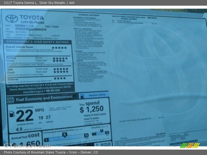 Silver Sky Metallic / Ash 2017 Toyota Sienna L