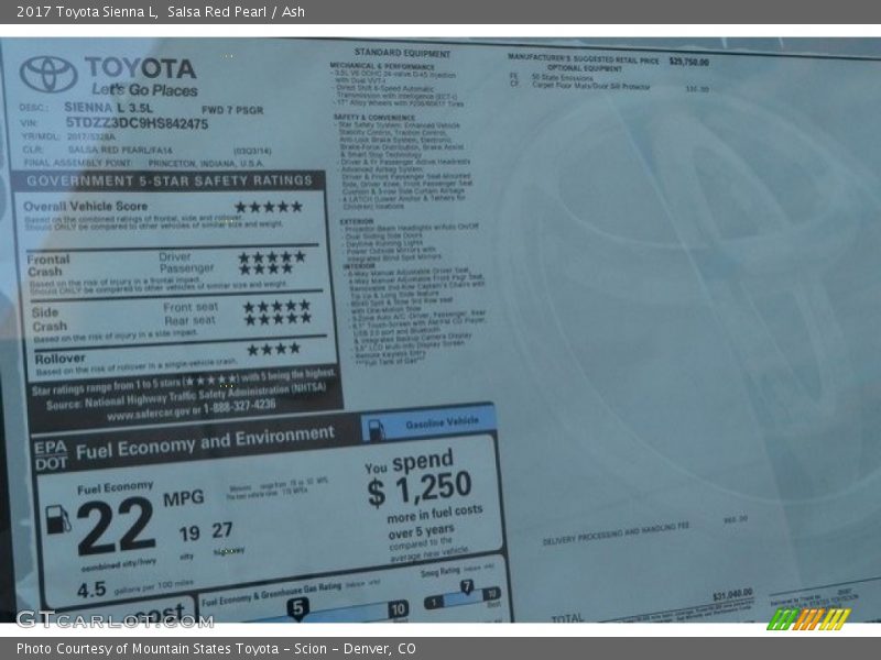 Salsa Red Pearl / Ash 2017 Toyota Sienna L