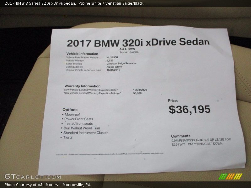 Alpine White / Venetian Beige/Black 2017 BMW 3 Series 320i xDrive Sedan