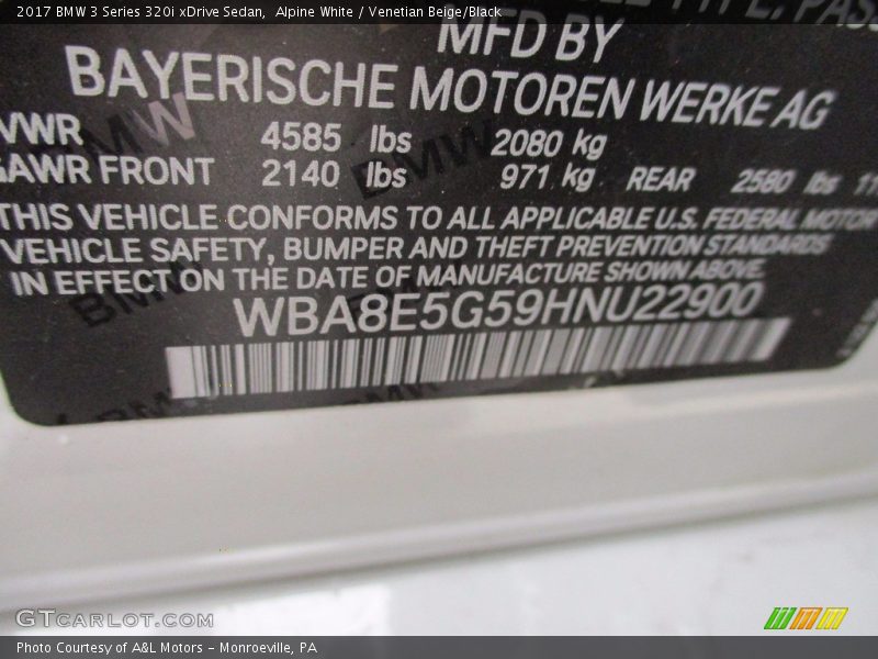 Alpine White / Venetian Beige/Black 2017 BMW 3 Series 320i xDrive Sedan