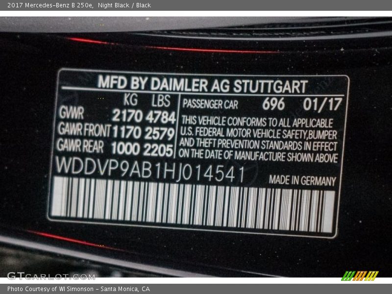 2017 B 250e Night Black Color Code 696