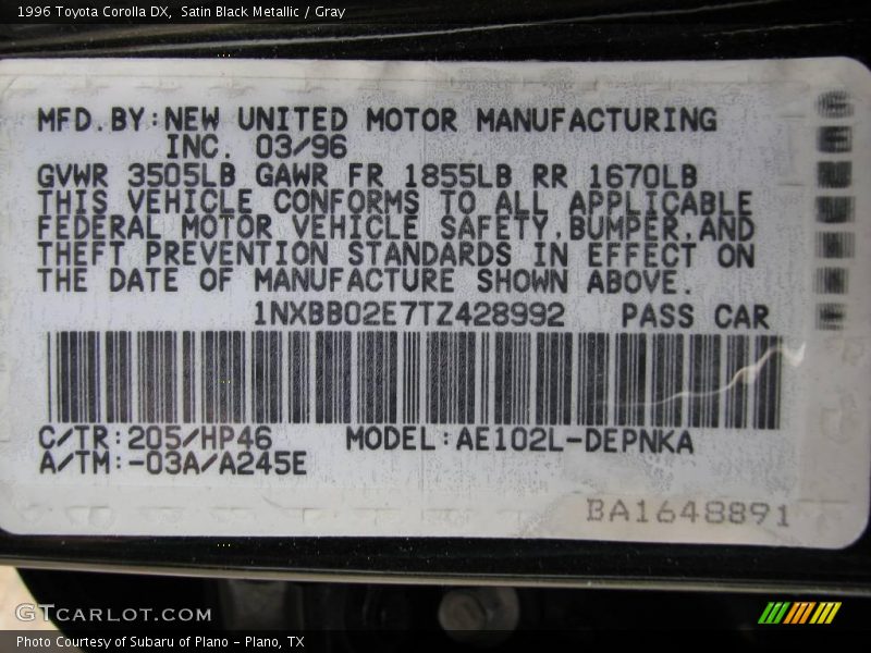 Satin Black Metallic / Gray 1996 Toyota Corolla DX