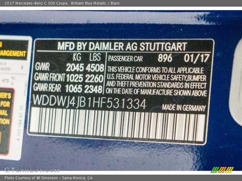 2017 C 300 Coupe Brilliant Blue Metallic Color Code 896