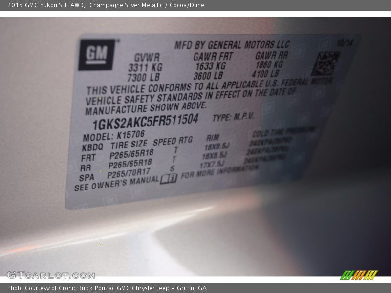 Champagne Silver Metallic / Cocoa/Dune 2015 GMC Yukon SLE 4WD