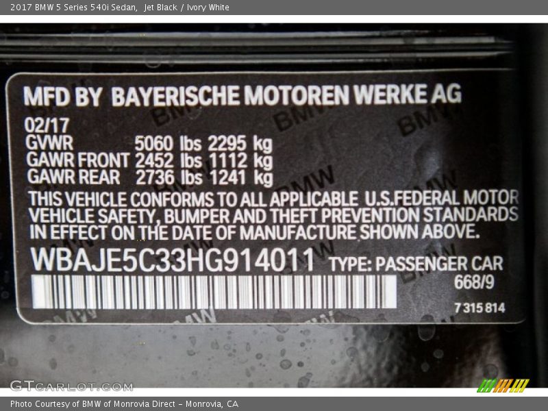 2017 5 Series 540i Sedan Jet Black Color Code 668