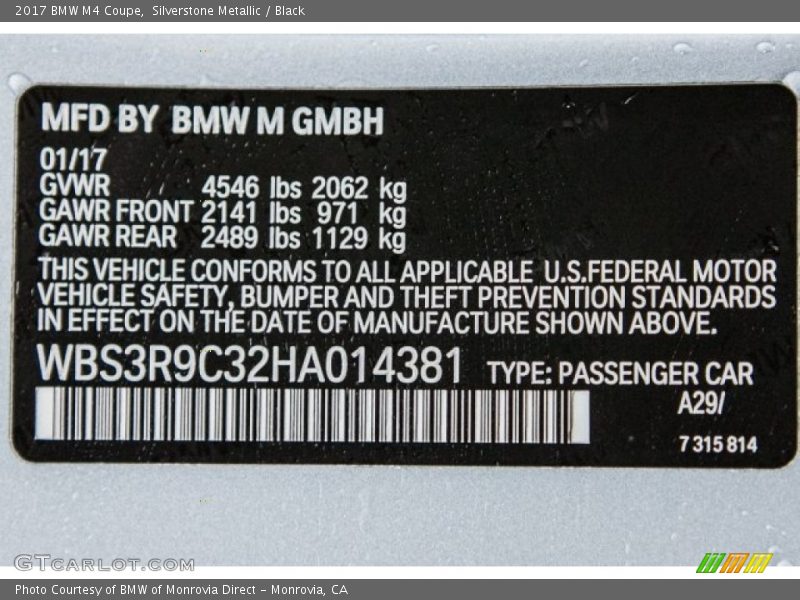 2017 M4 Coupe Silverstone Metallic Color Code A29