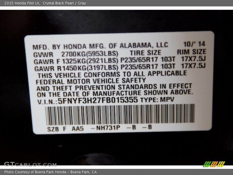 Crystal Black Pearl / Gray 2015 Honda Pilot LX