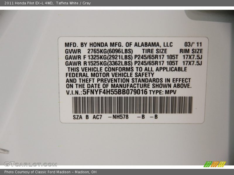 Taffeta White / Gray 2011 Honda Pilot EX-L 4WD