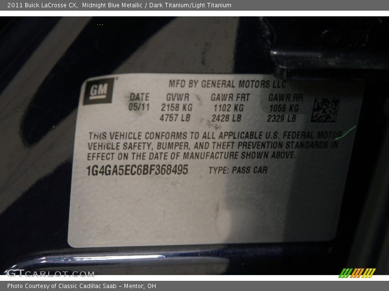 Midnight Blue Metallic / Dark Titanium/Light Titanium 2011 Buick LaCrosse CX