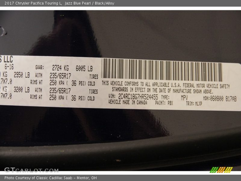 2017 Pacifica Touring L Jazz Blue Pearl Color Code PBX