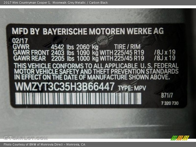 2017 Countryman Cooper S Moonwalk Grey Metallic Color Code B71