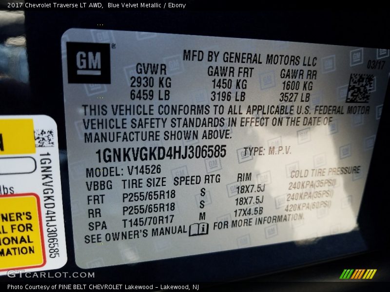Blue Velvet Metallic / Ebony 2017 Chevrolet Traverse LT AWD