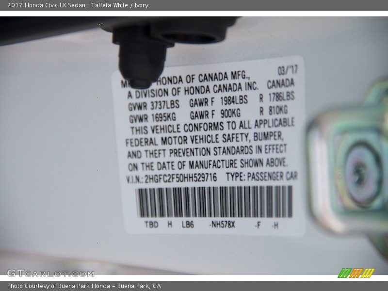 Taffeta White / Ivory 2017 Honda Civic LX Sedan