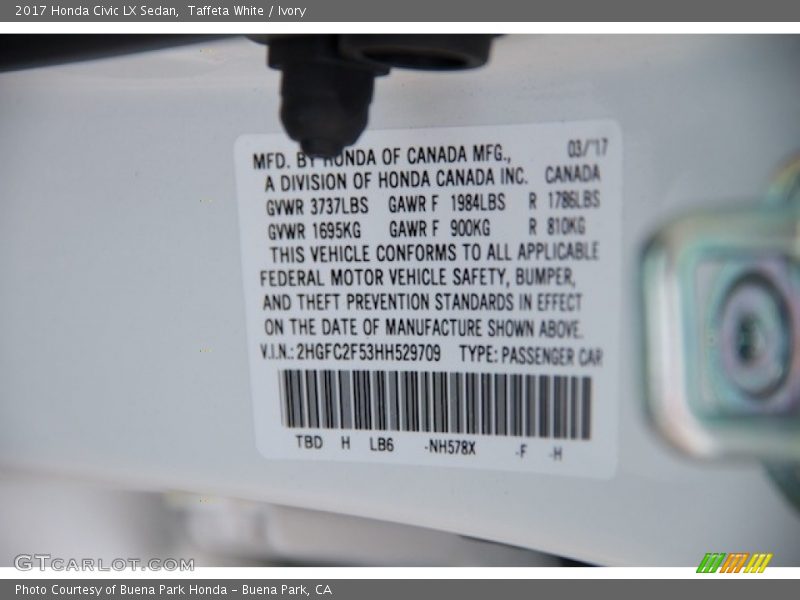 Taffeta White / Ivory 2017 Honda Civic LX Sedan