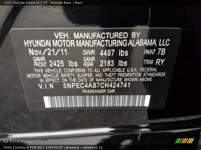 Midnight Black / Black 2012 Hyundai Sonata SE 2.0T
