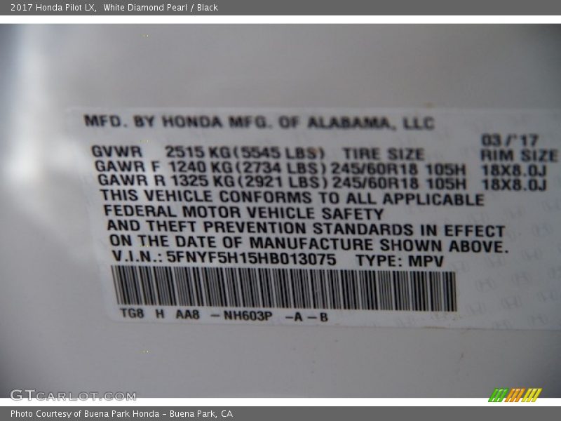 White Diamond Pearl / Black 2017 Honda Pilot LX