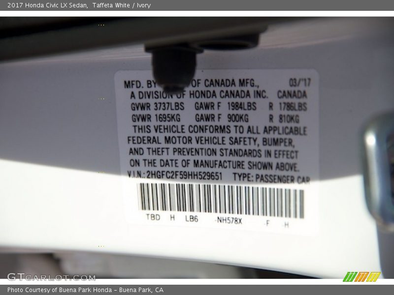 Taffeta White / Ivory 2017 Honda Civic LX Sedan