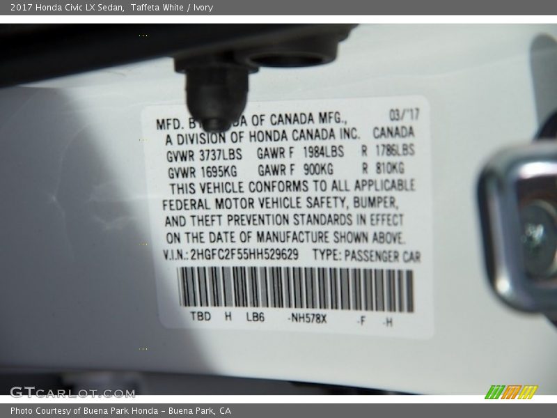 Taffeta White / Ivory 2017 Honda Civic LX Sedan