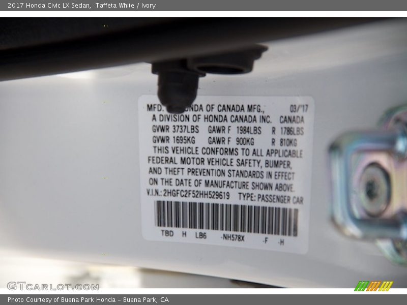 Taffeta White / Ivory 2017 Honda Civic LX Sedan