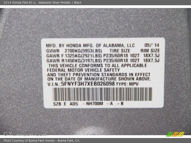 Alabaster Silver Metallic / Black 2014 Honda Pilot EX-L