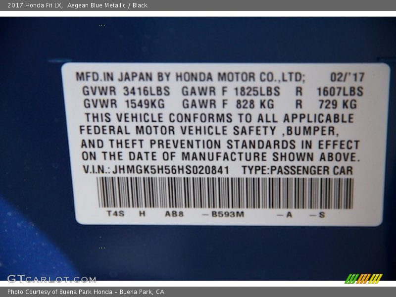 Aegean Blue Metallic / Black 2017 Honda Fit LX