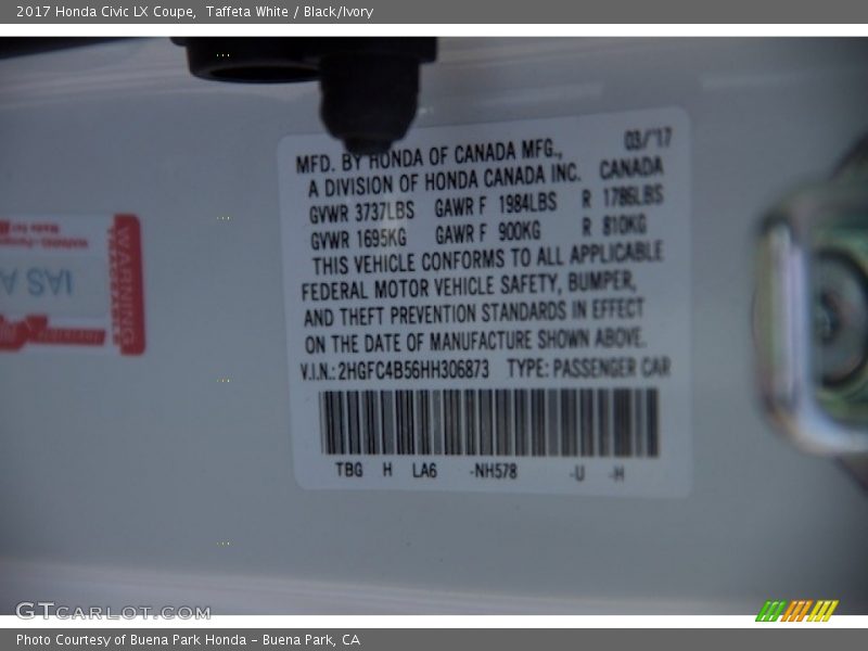 Taffeta White / Black/Ivory 2017 Honda Civic LX Coupe