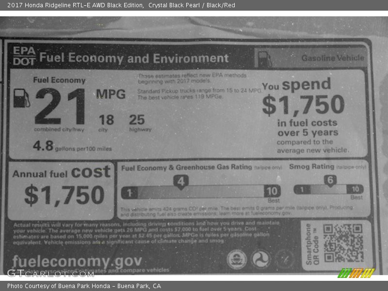 Crystal Black Pearl / Black/Red 2017 Honda Ridgeline RTL-E AWD Black Edition