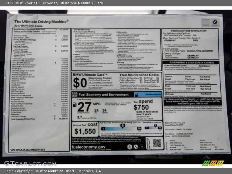  2017 5 Series 530i Sedan Window Sticker