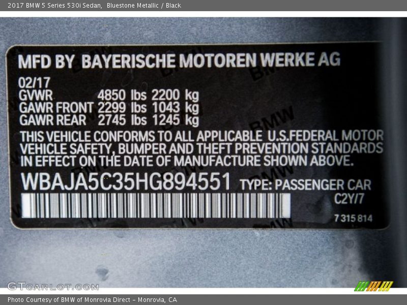 2017 5 Series 530i Sedan Bluestone Metallic Color Code C2Y