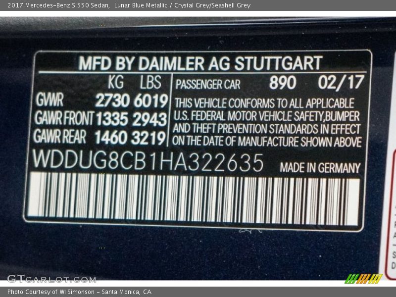 2017 S 550 Sedan Lunar Blue Metallic Color Code 890