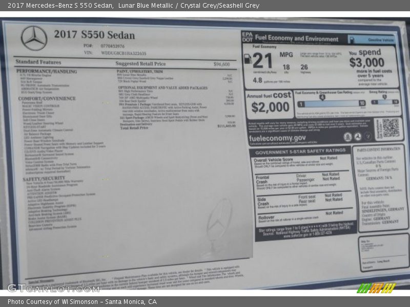  2017 S 550 Sedan Window Sticker
