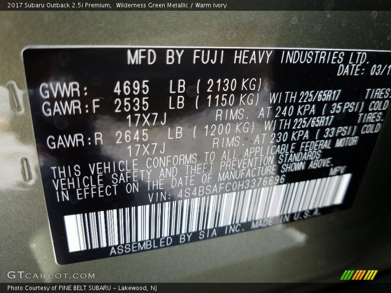 Wilderness Green Metallic / Warm Ivory 2017 Subaru Outback 2.5i Premium