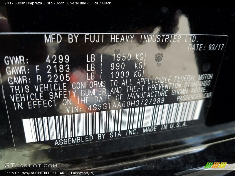 Crystal Black Silica / Black 2017 Subaru Impreza 2.0i 5-Door