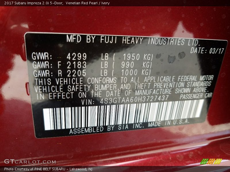 Venetian Red Pearl / Ivory 2017 Subaru Impreza 2.0i 5-Door