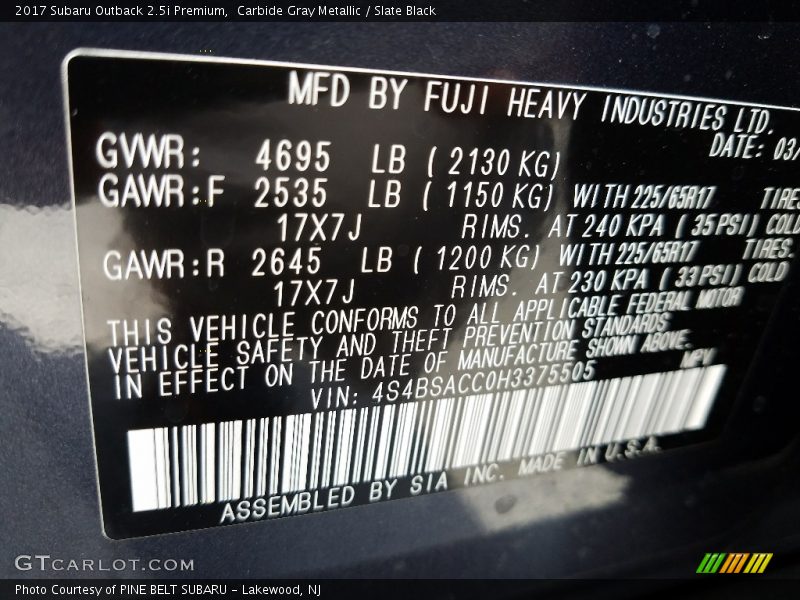 Carbide Gray Metallic / Slate Black 2017 Subaru Outback 2.5i Premium