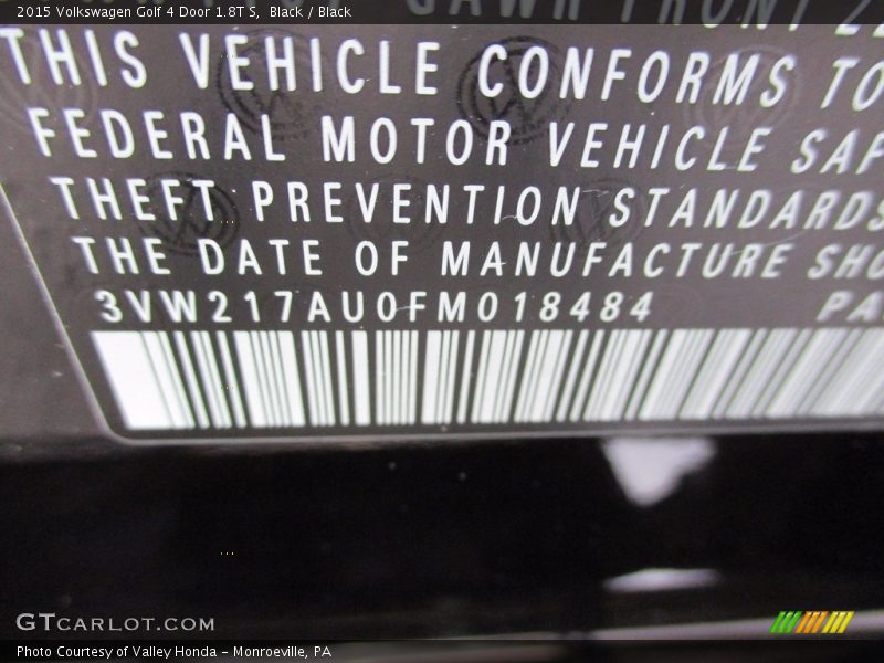 Black / Black 2015 Volkswagen Golf 4 Door 1.8T S
