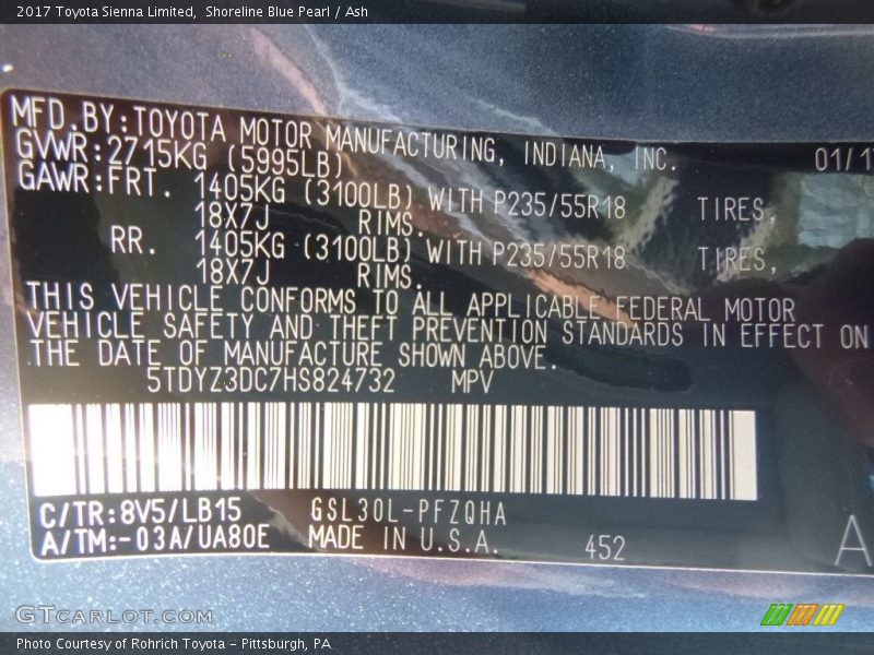 Shoreline Blue Pearl / Ash 2017 Toyota Sienna Limited