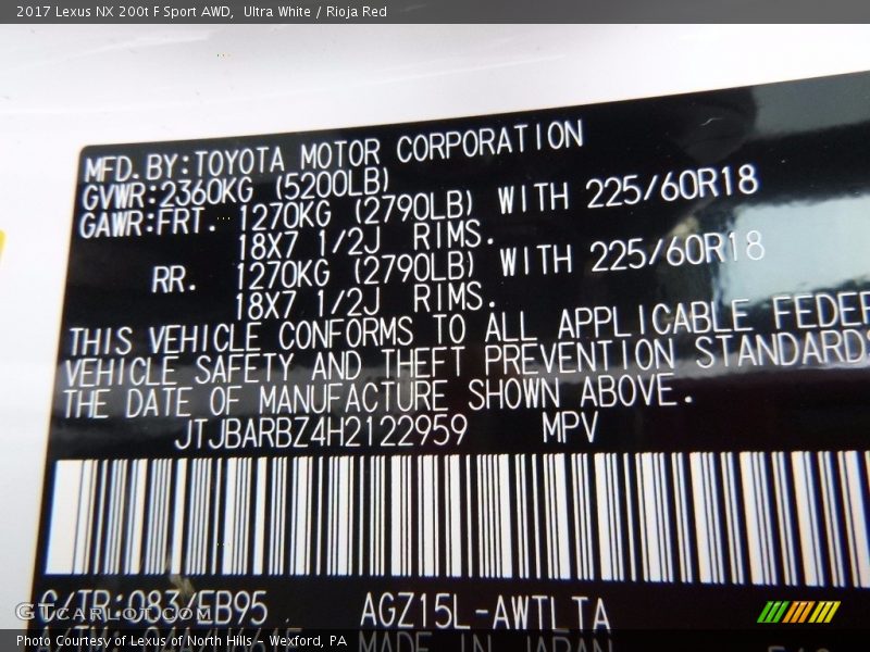 2017 NX 200t F Sport AWD Ultra White Color Code 083