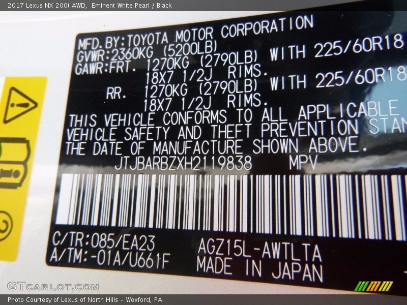 2017 NX 200t AWD Eminent White Pearl Color Code 085